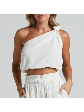 Mable Clothing Linen Blend One Shoulder Relaxed Loose Fit White Cropped Top